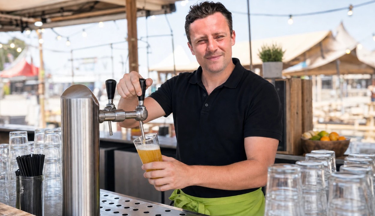 Daniel Striethouldt van DS Kompaan tapt een biertje achter de bar op een evenement